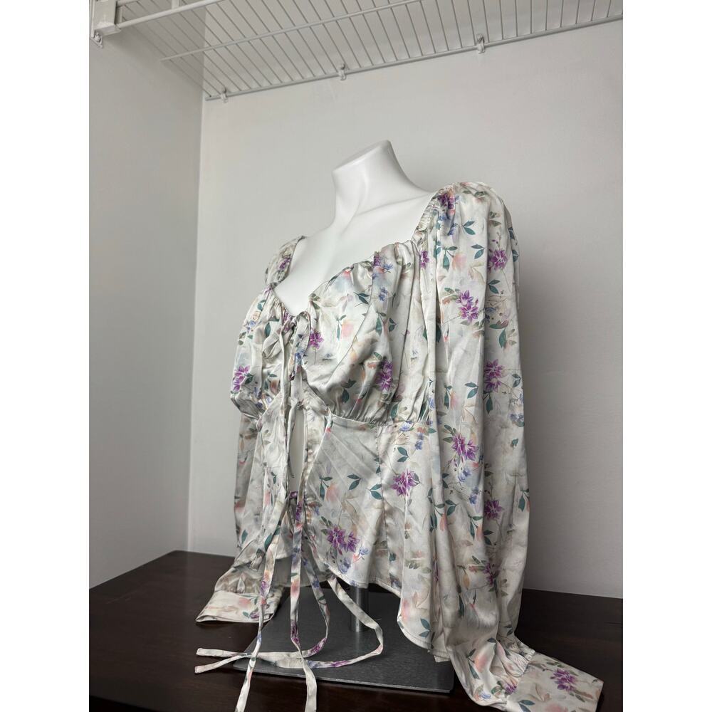 Floral Print Tie Front Blouse with Long Sleeves, Ivory 2X - Picture 4 of 8